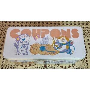 80's Vintage "Coupons" Collectible Tin Cats Kittens w/ Yarn Funny Scene (read)